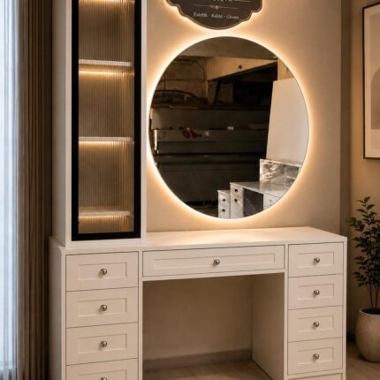 Luna Siyah Profil Cam Kapaklı LED Makyaj Masası