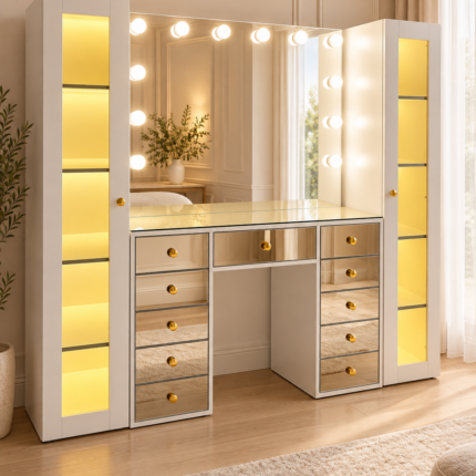 Lumina Gold – Bronz Aynalı LED Işıklı Makyaj Masası